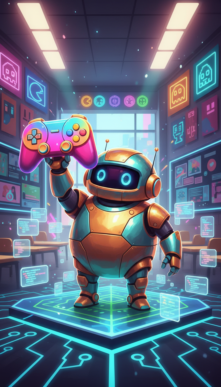 A vivid digital art scene featuring a chubby, brightly colored robot character made from shiny, rounded metal panels in shades of turquoise and tangerine. The robot holds aloft a vibrant game controller, standing atop a stylized platform with laser-etched circuit patterns and floating, semi-transparent code blocks. The setting is a futuristic, playful classroom with neon posters of classic video game icons and creative projects displayed on digital bulletin boards. Soft, luminescent lighting casts multi-colored glows and playful rim highlights on the robot and its surroundings. Captured from an eye-level, center-framed perspective, the mood is energetic with a sense of wonder, making complex tech inviting for young learners, all rendered in a bold, whimsical digital-art style.